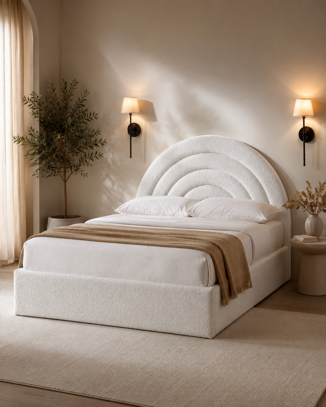 Tetbury — off-white bouclé ottoman bed with an arched headboard (view 1)