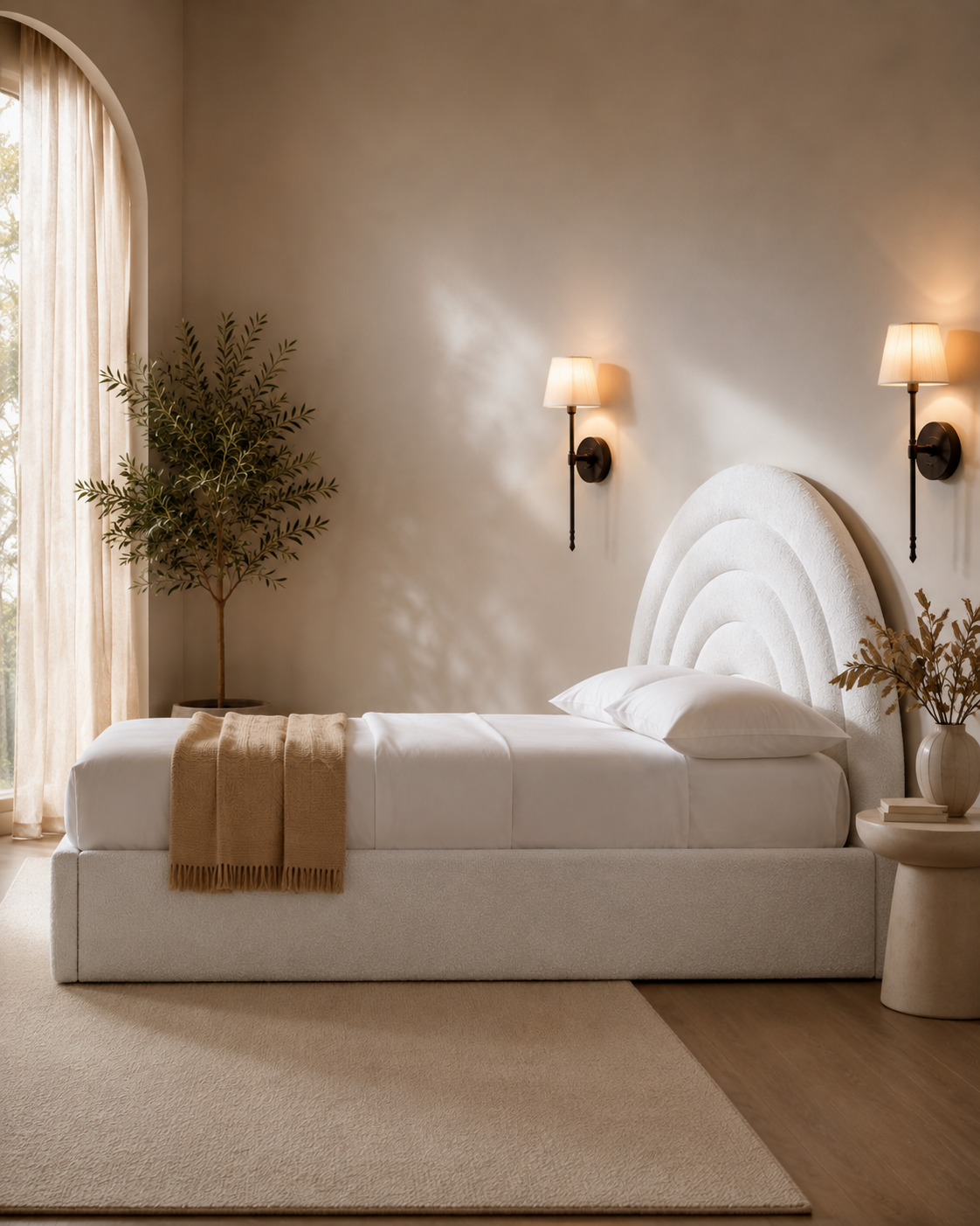 Tetbury — off-white bouclé ottoman bed with an arched headboard (view 3)