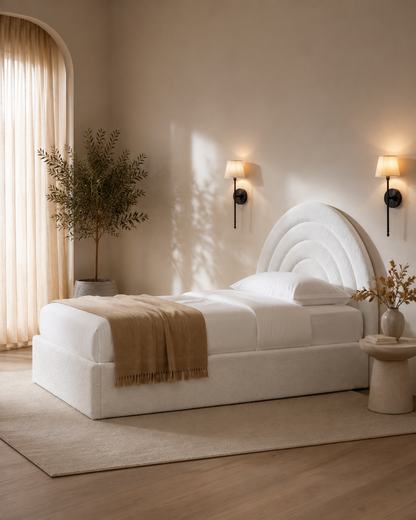 Tetbury — off-white bouclé ottoman bed with an arched headboard (view 4)