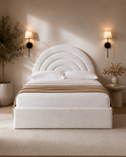 Tetbury — off-white bouclé ottoman bed with an arched headboard (view 5)