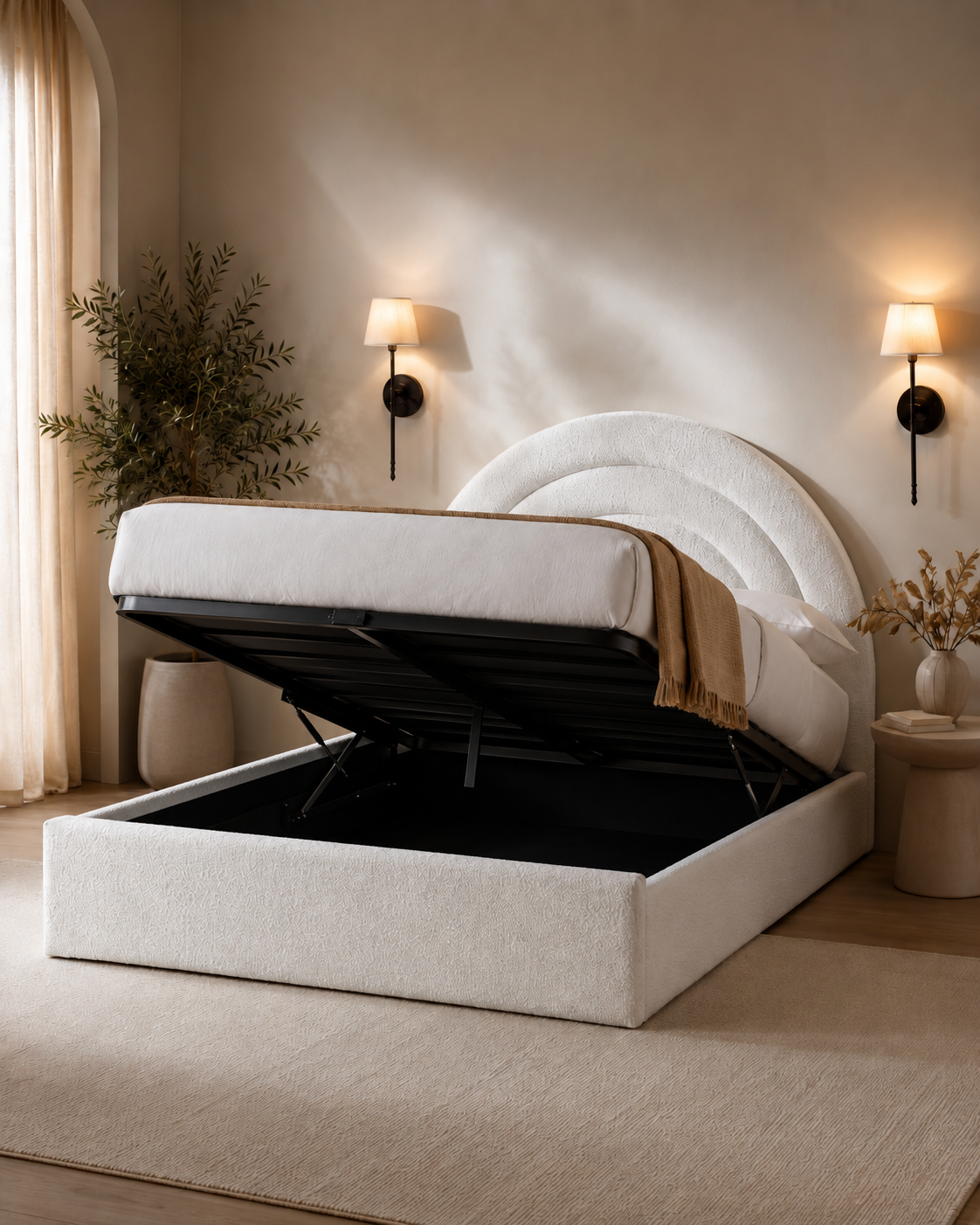 Tetbury — off-white bouclé ottoman bed with an arched headboard (view 6)