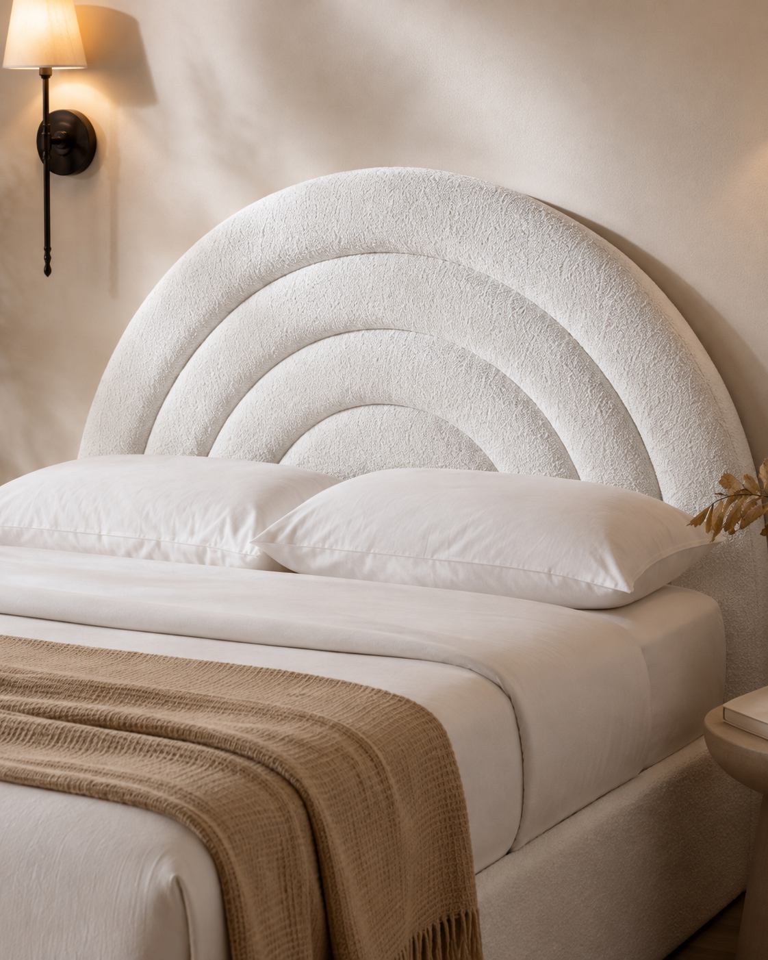 Tetbury — off-white bouclé ottoman bed with an arched headboard (view 7)