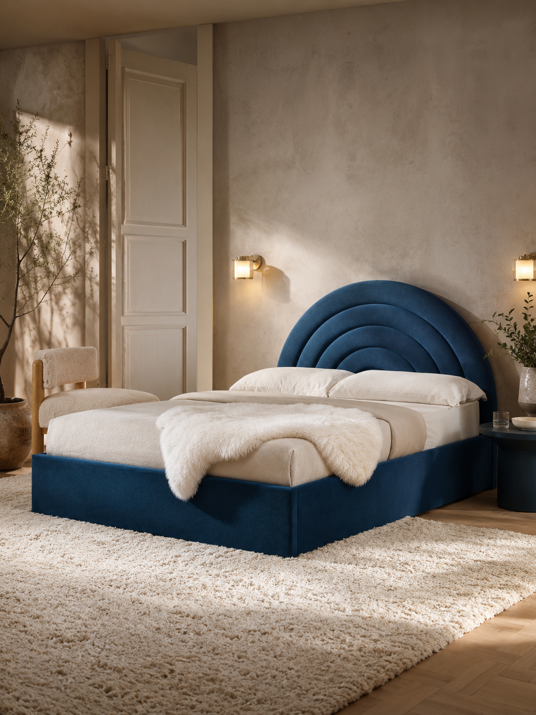 Tetbury — navy velvet ottoman bed with an arched headboard (view 1)