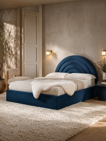 Tetbury — navy velvet ottoman bed with an arched headboard (view 1)