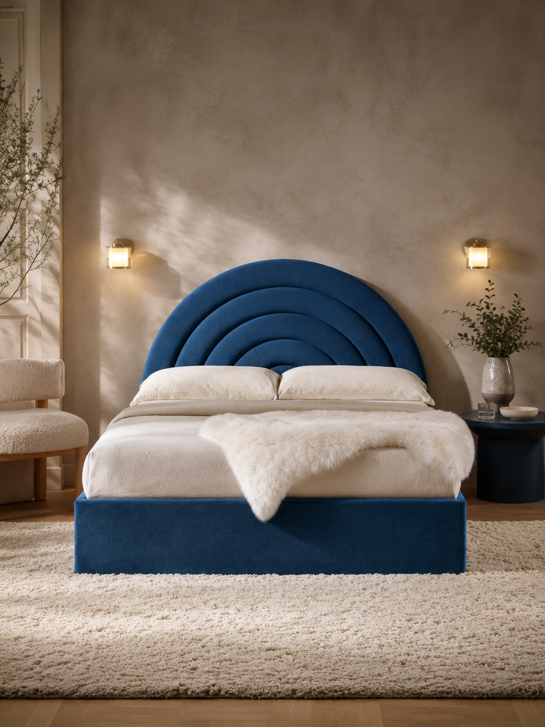Tetbury — navy velvet ottoman bed with an arched headboard (view 2)