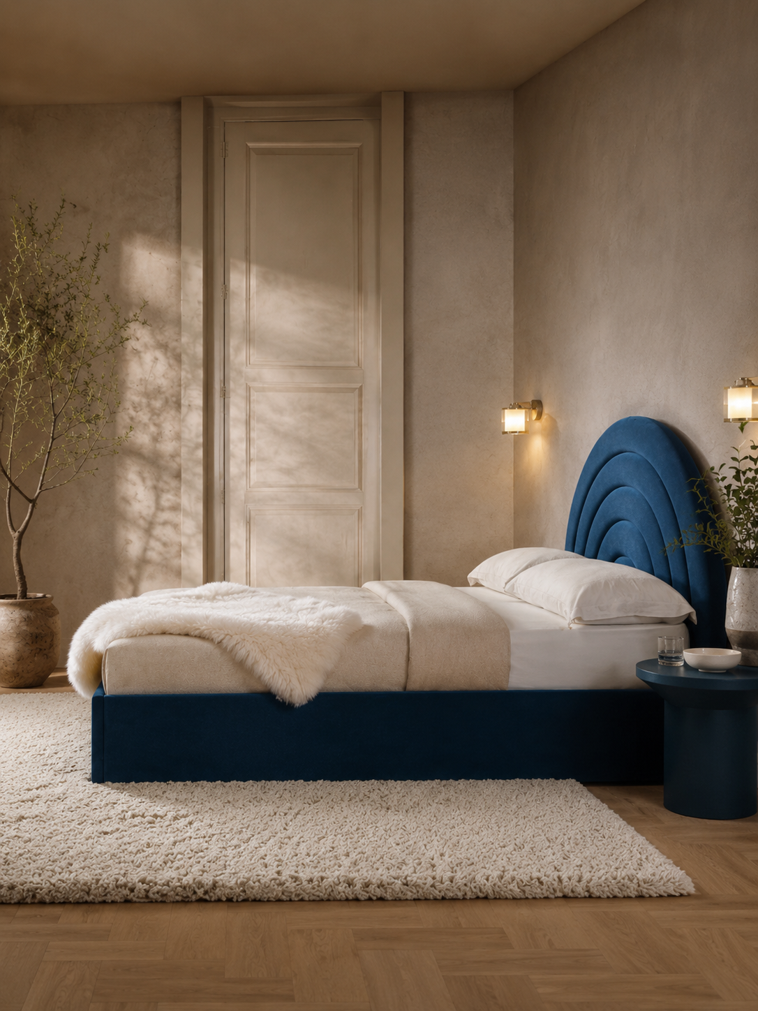 Tetbury — navy velvet ottoman bed with an arched headboard (view 3)