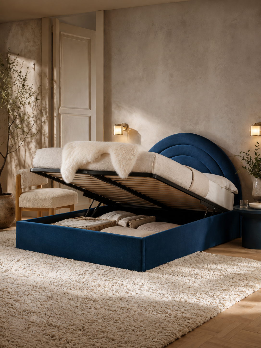 Tetbury — navy velvet ottoman bed with an arched headboard (view 6)