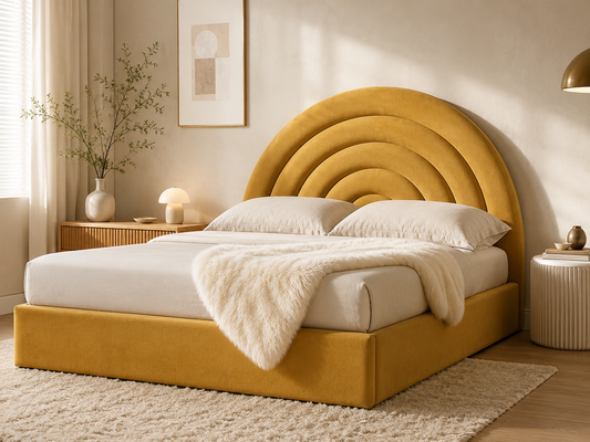 Tetbury — mustard velvet ottoman bed with an arched headboard (view 1)