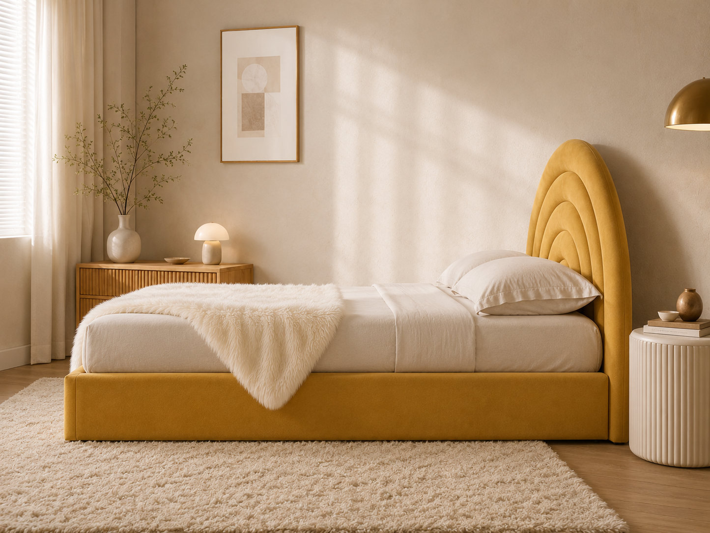 Tetbury — mustard velvet ottoman bed with an arched headboard (view 3)