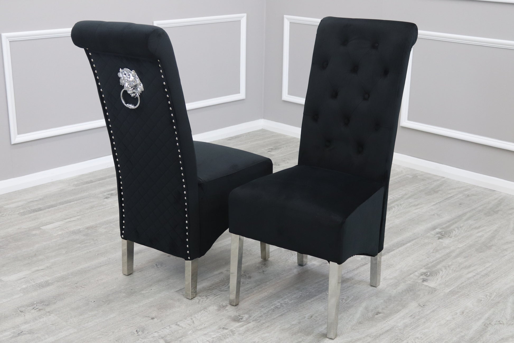 EMMA Dinning Chair – Quilted Back, Scroll Top & Chrome Lion Knocker