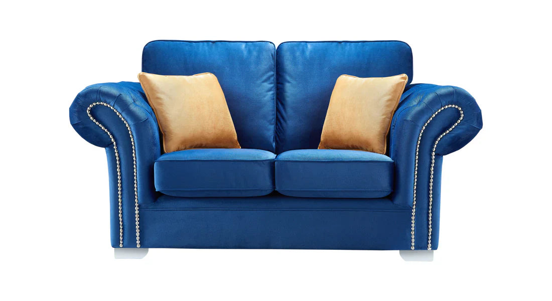 Manhattan Blue Fabric Sofas Chesterfield Style Arms With Chrome Feet – view 7
