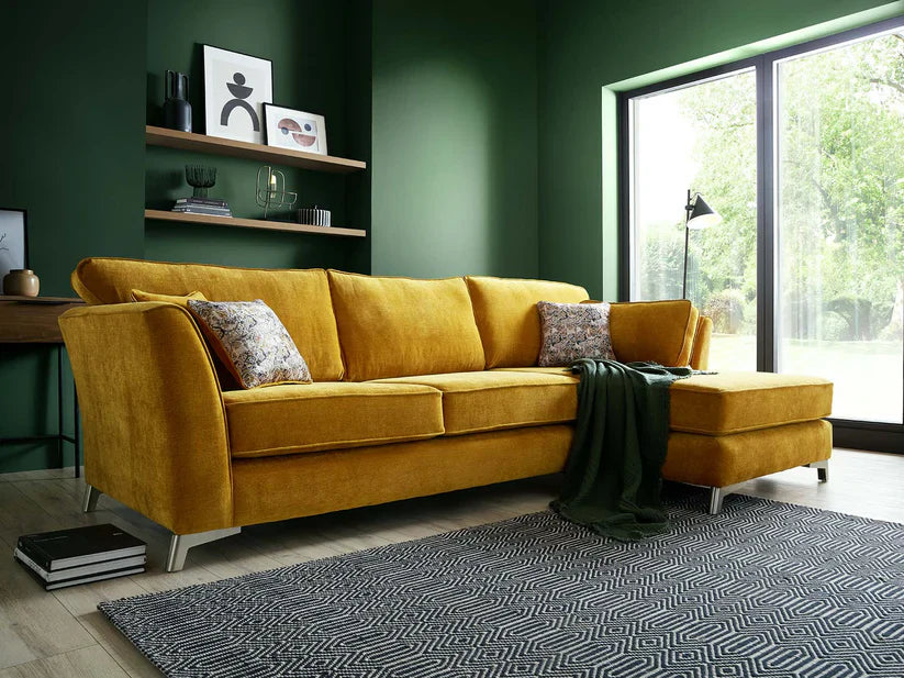 Rome Chaise L Shape Corner Sofa For Elderly In Aston Mustard Yellow Fabric With Metal Angled Feet