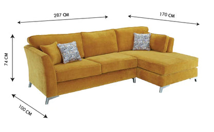 Rome Chaise L Shape Corner Sofa For Elderly In Aston Mustard Yellow Fabric With Metal Angled Feet