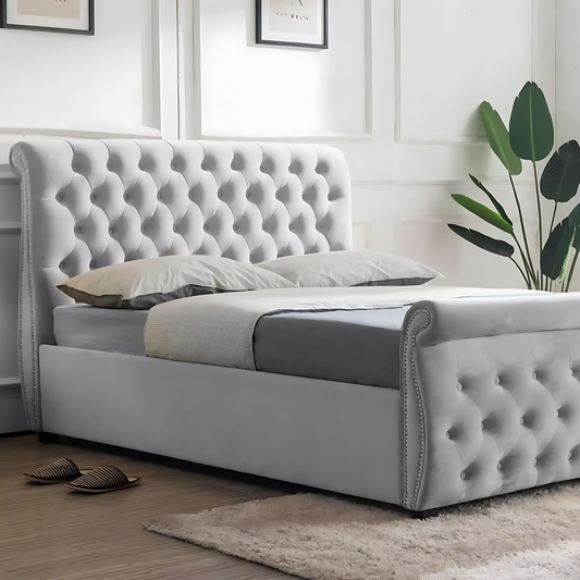 Luxury Silver Crushed Velvet Sleigh Double Bed Frame