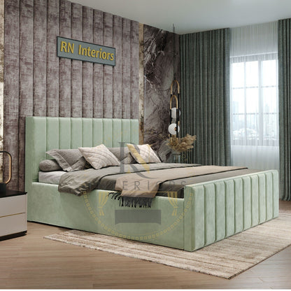 Vertical liner Headboard and Bed Frame in Plush Velvet Upholstered