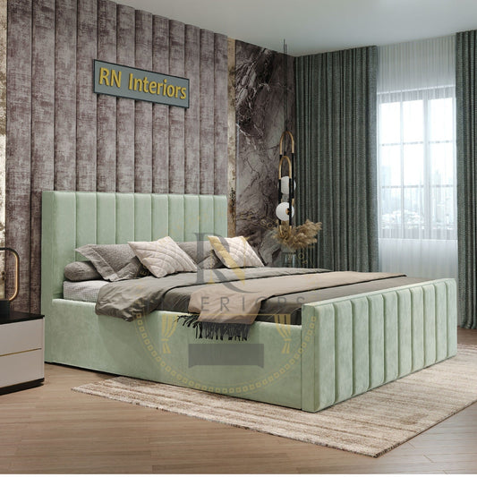 Vertical liner Headboard and Bed Frame in Plush Velvet Upholstered
