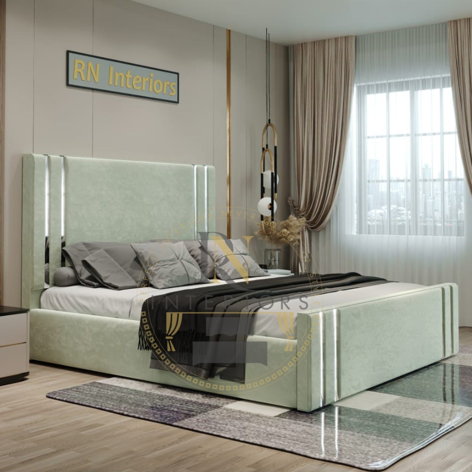 Silver Strip Headboard 49' & Footboard with Bed Frame