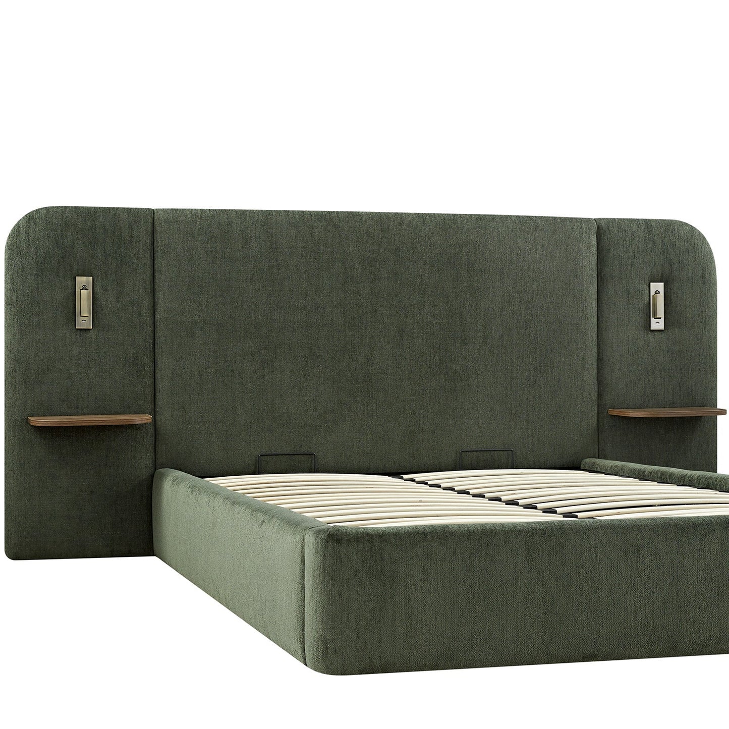 Della Extended Headboard Bed with Storage, Moss Green Chenille