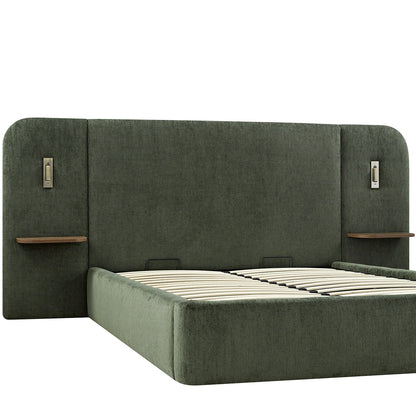 Della Extended Headboard Bed with Storage, Moss Green Chenille