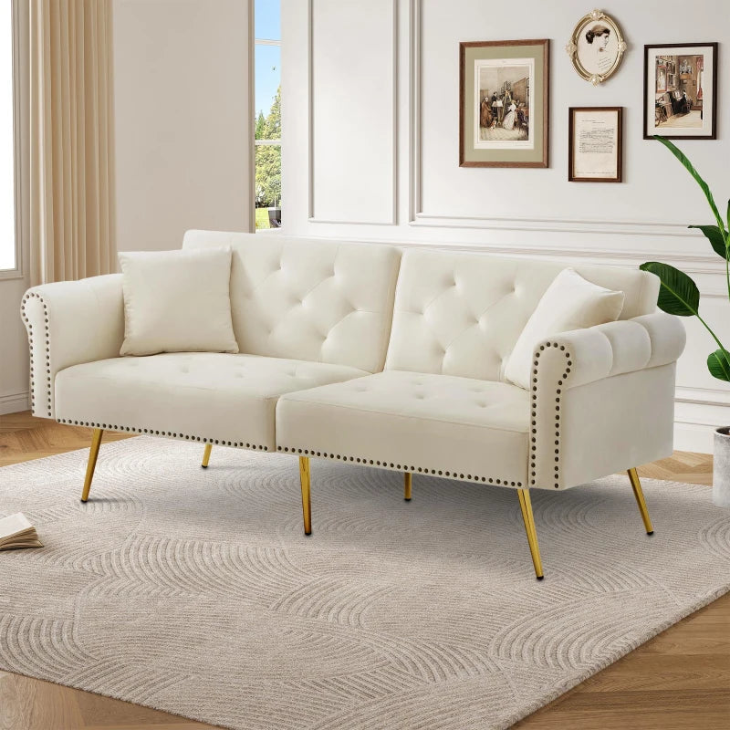 White Velvet 2-Seater Sofa Bed with Independent Backrests and Gold Metal Legs – 177 x 74 x 71 cm