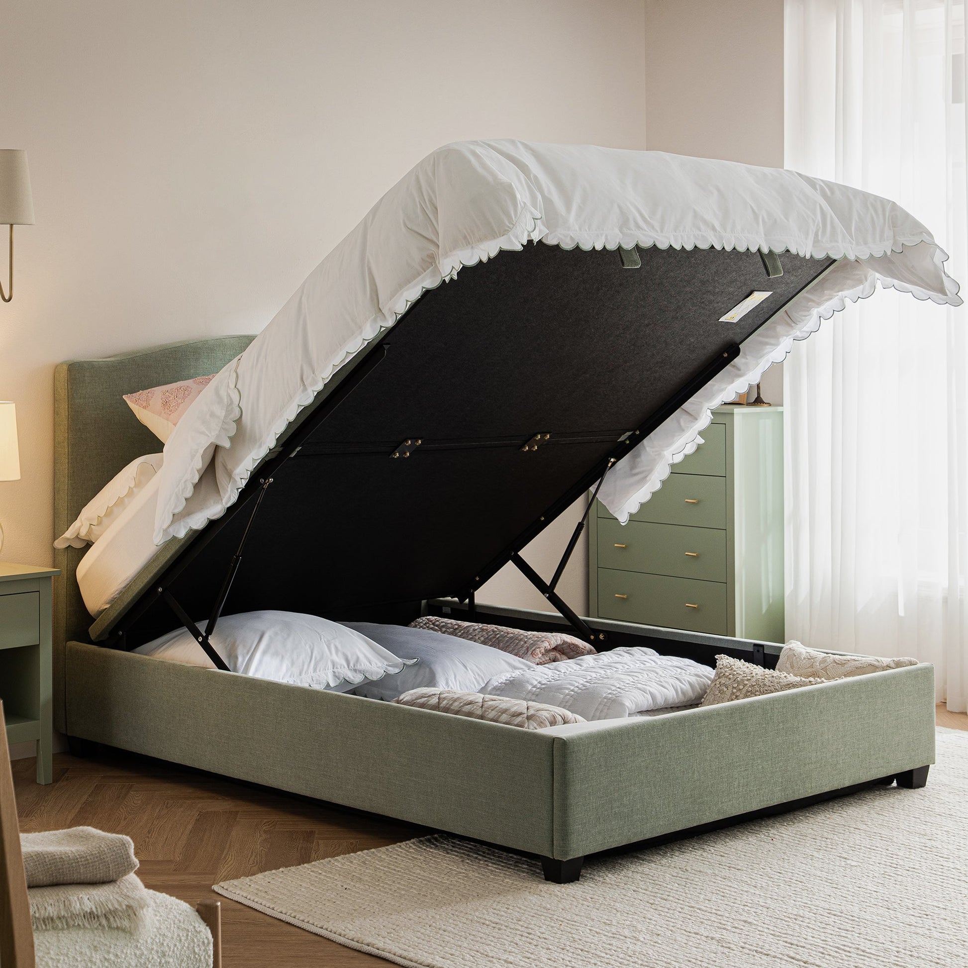 Chilworth Upholstered Ottoman Bed with Storage, Water Green Chenille