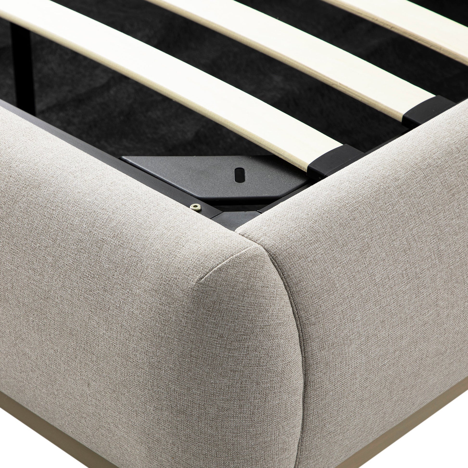 Luella Upholstered Wooden Plinth Base Bed with Storage, Sand Fabric