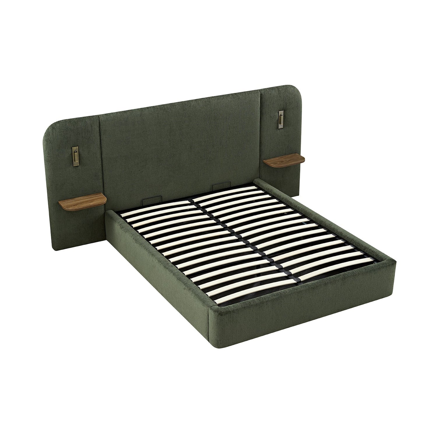 Della Extended Headboard Bed with Storage, Moss Green Chenille