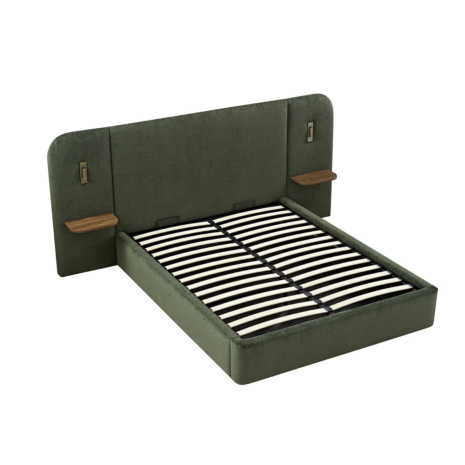 Della Extended Headboard Bed with Storage, Moss Green Chenille
