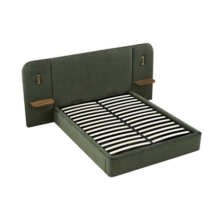 Della Extended Headboard Bed with Storage, Moss Green Chenille