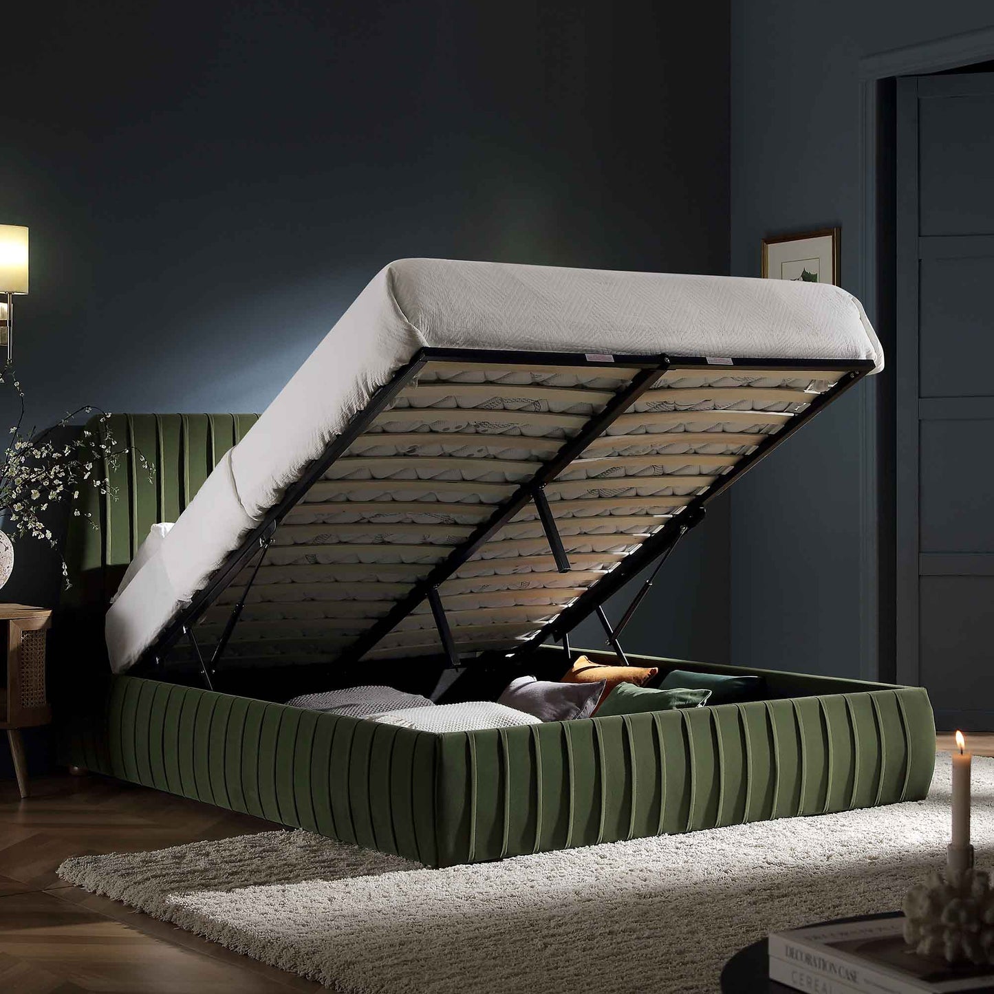 Helia Pleated Ottoman Bed with Storage, Moss Green Velvet