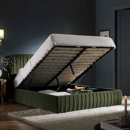 Helia Pleated Ottoman Bed with Storage, Moss Green Velvet