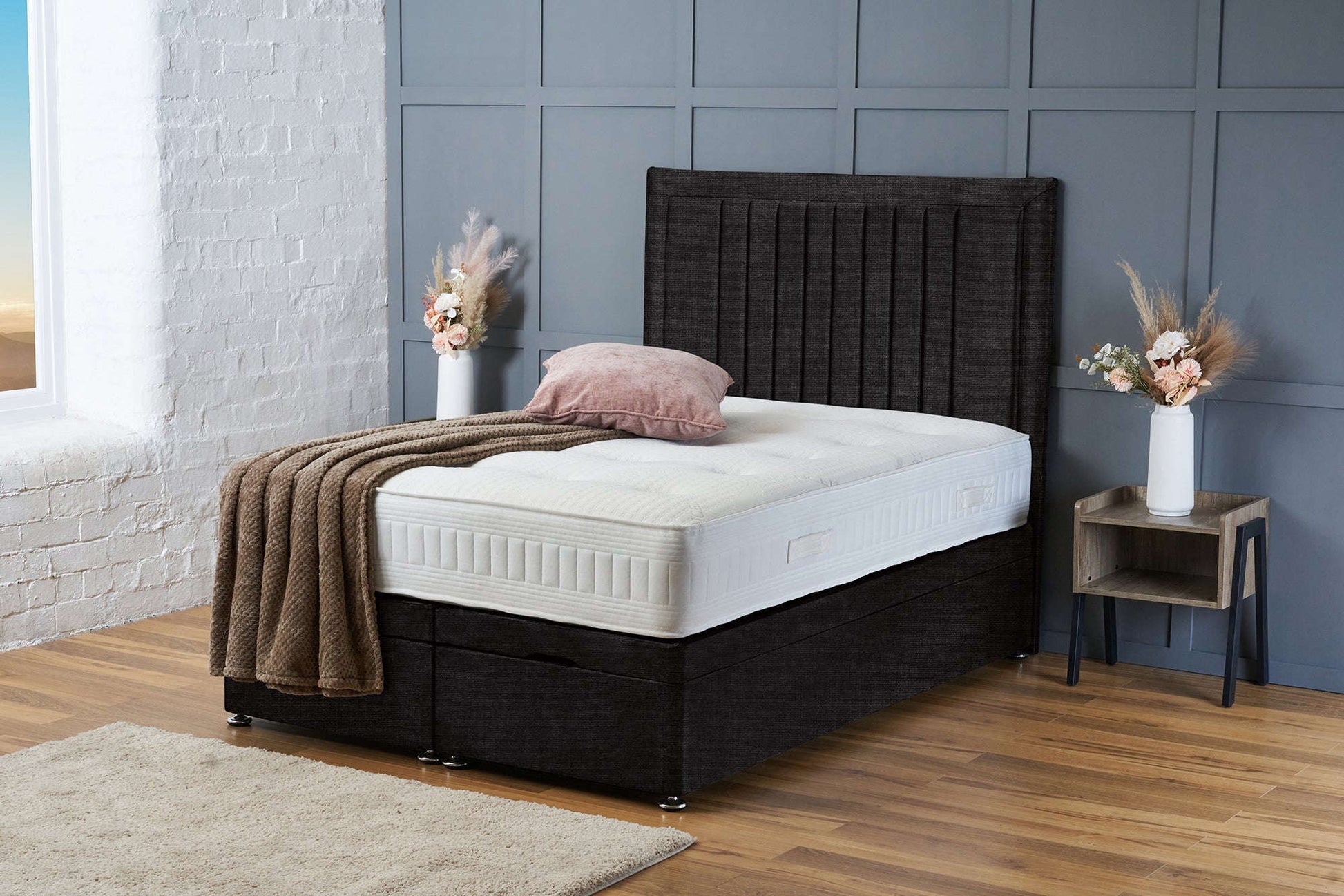 Canes Ottoman Divan Base with Headboard Included – Extra Deep Storage – Black Naples