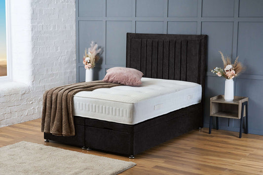 Canes Ottoman Divan Base with Headboard Included – Extra Deep Storage – Black Naples