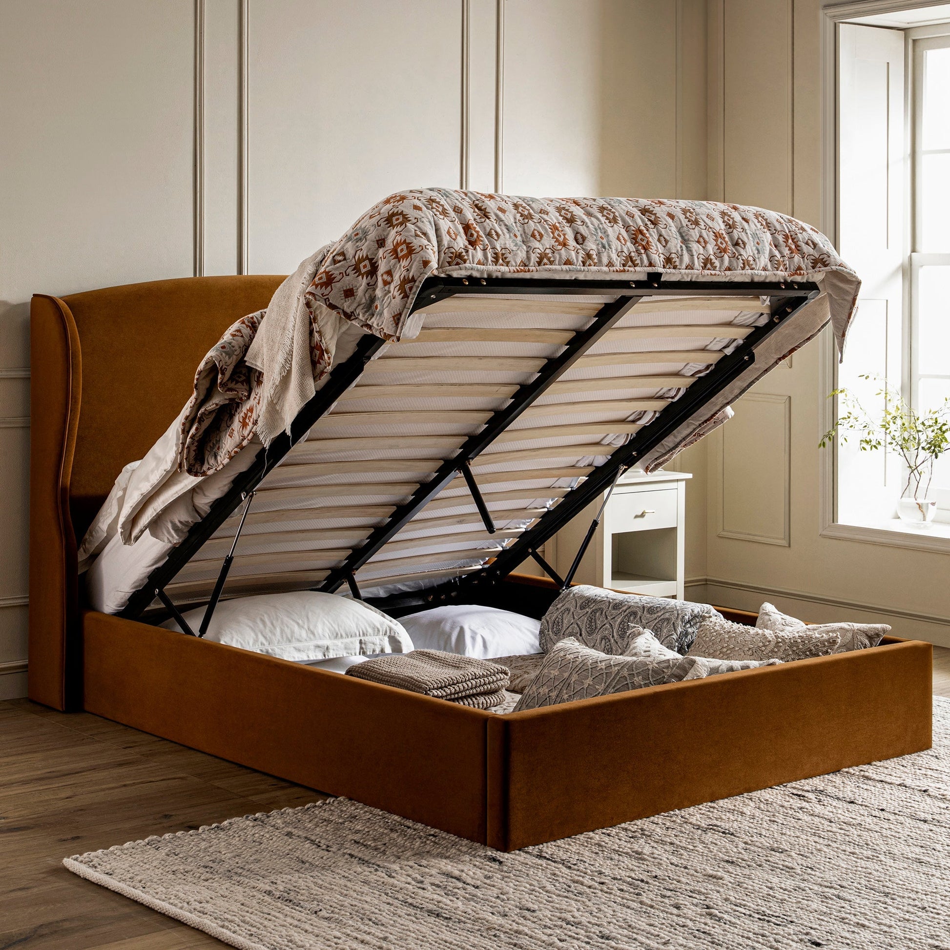 Kimberly Winged Upholstered Bed with Storage, Cinnamon Velvet