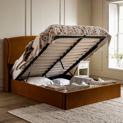 Kimberly Winged Upholstered Bed with Storage, Cinnamon Velvet