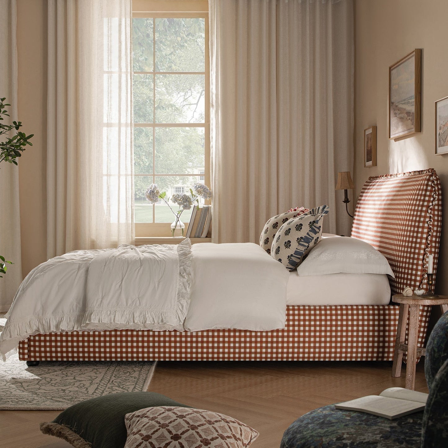 Celeste Upholstered Bed with Storage with Ruffled Headboard, Brick Gingham