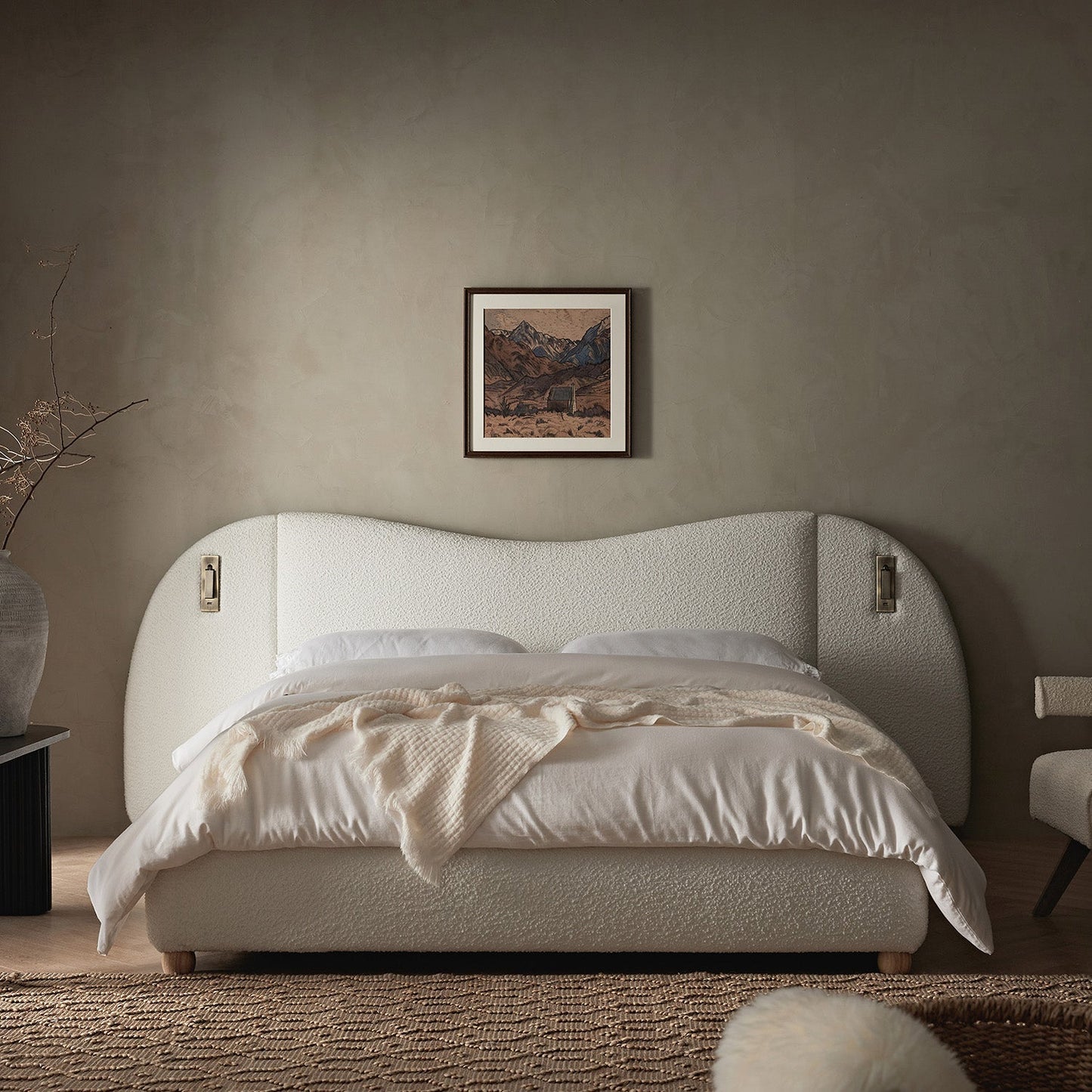 Egerie Extended Headboard Ottoman Bed with Storage, Beige Boucle
