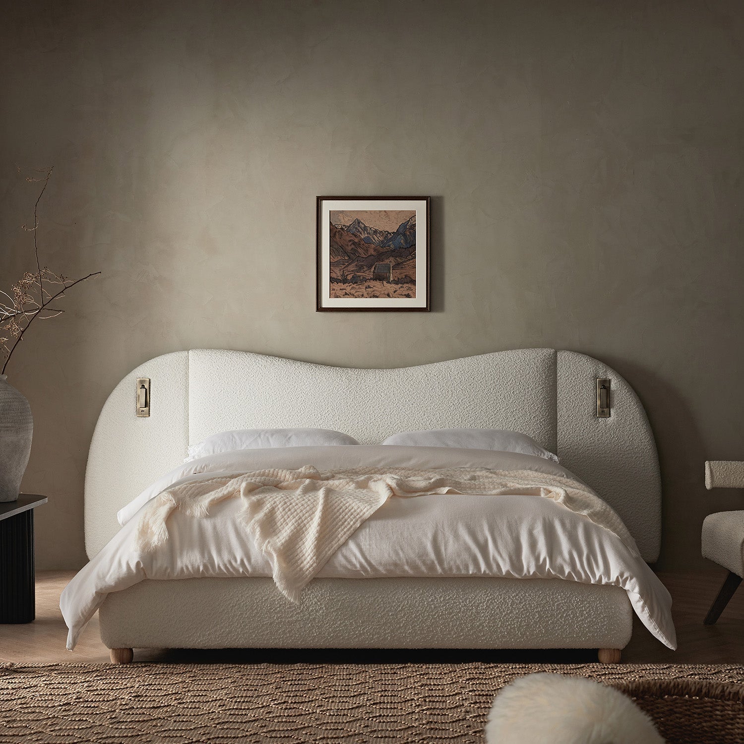 Egerie Extended Headboard Ottoman Bed with Storage, Beige Boucle