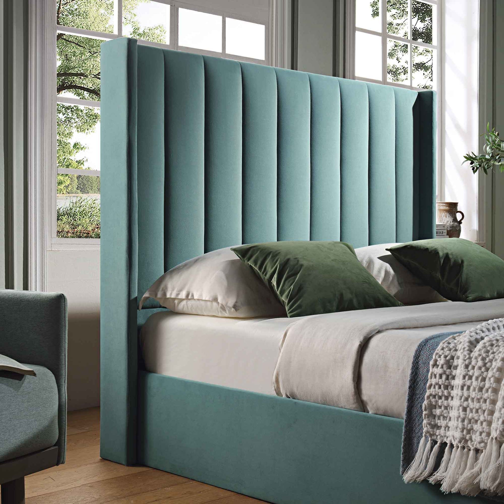 Wilton Seafoam Blue Velvet Ottoman Bed with Storage