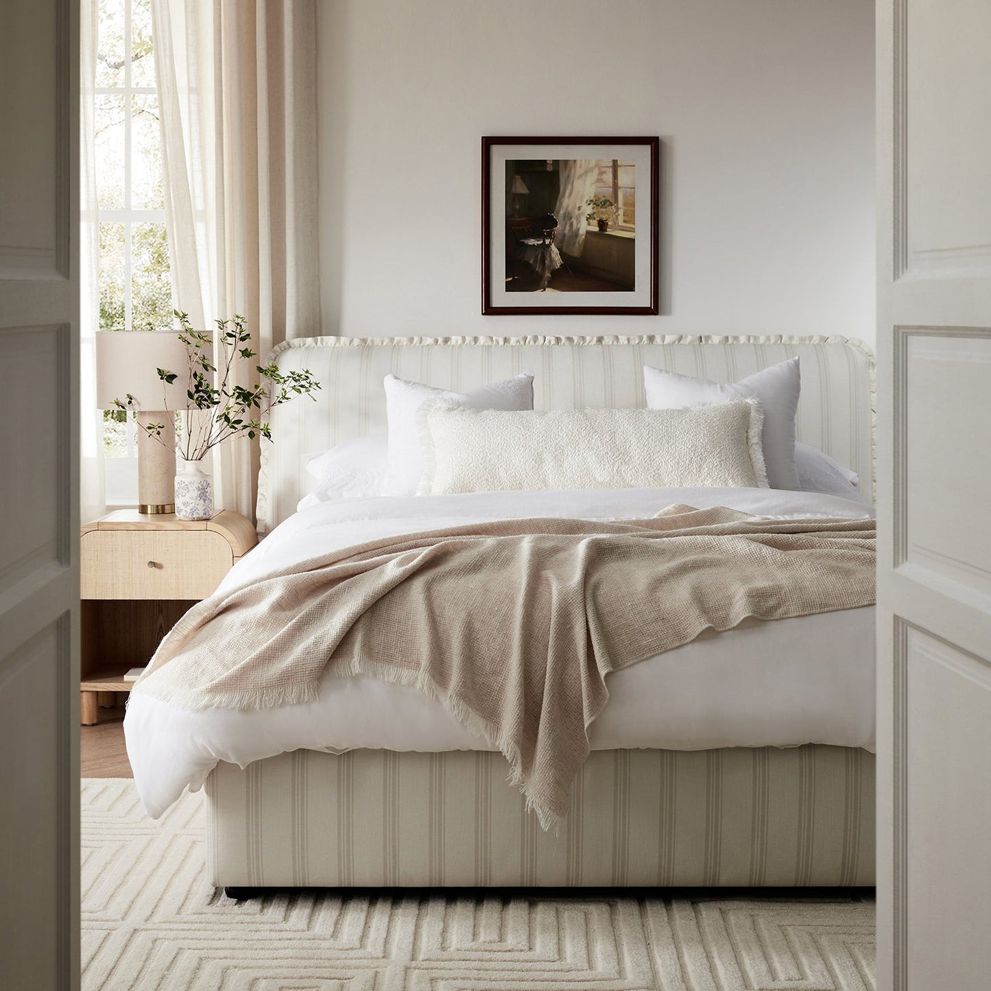 Celeste Upholstered Bed with Storage with Ruffled Headboard, Seashell Stripe