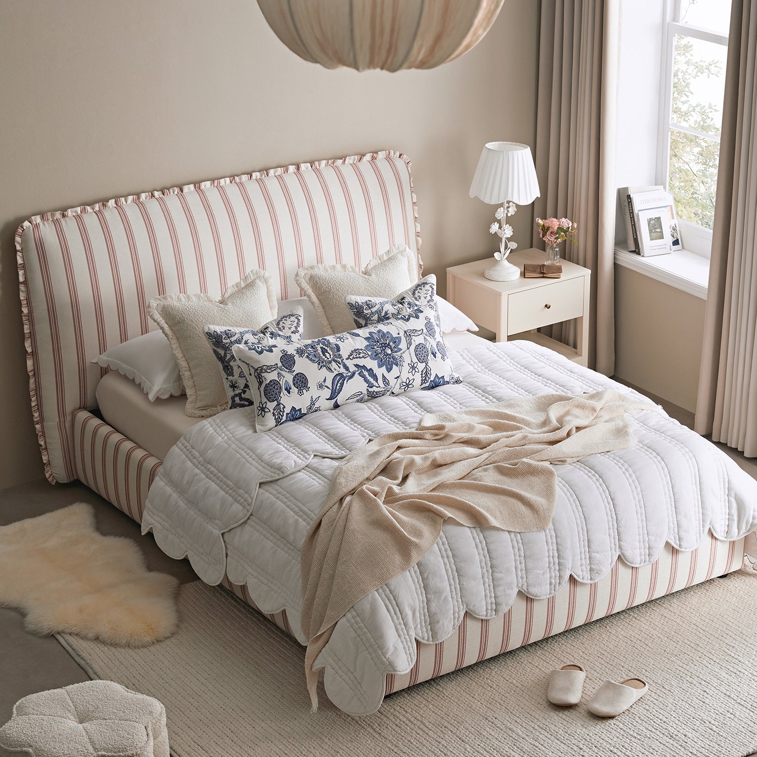 Celeste Upholstered Bed with Storage with Ruffled Headboard, Peony Red Stripe