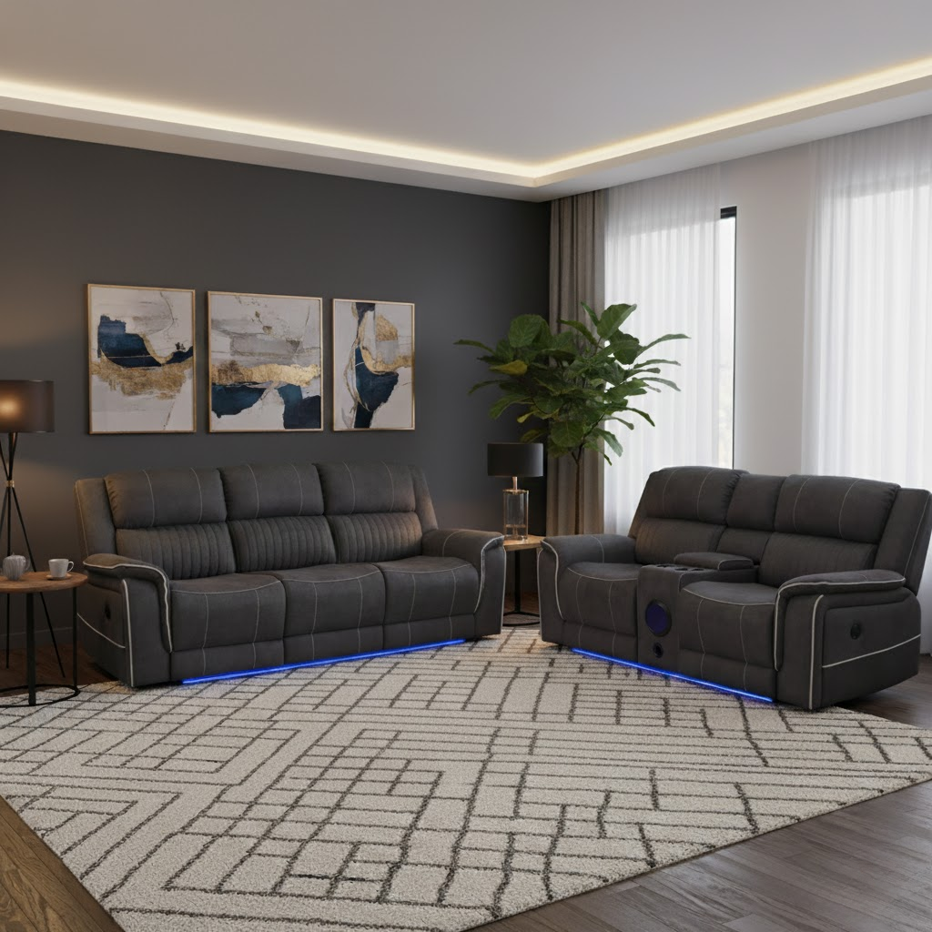 Two-Piece Grey Fabric Power Recliner Sofa Set Featuring Console and LED Lighting