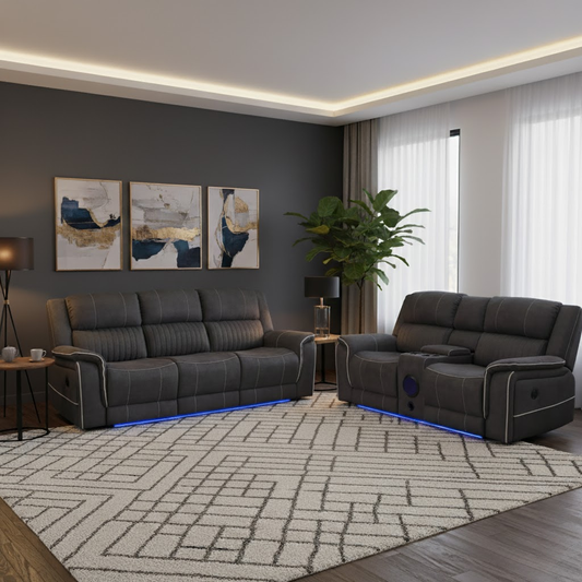 Two-Piece Grey Fabric Power Recliner Sofa Set Featuring Console and LED Lighting
