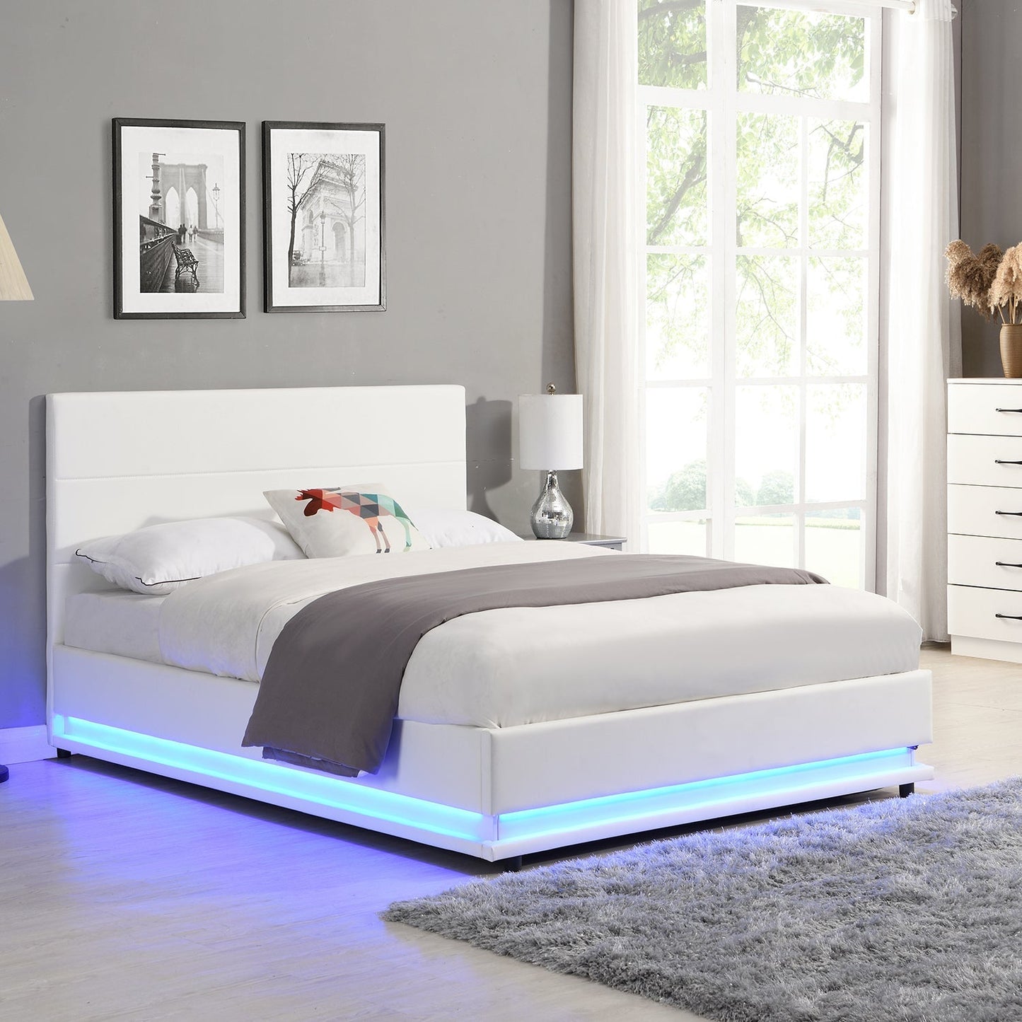 Buxton Faux Leather End Opening Ottoman Bed with Storage Frame with Muti-colour LED Light Strip (White PU)
