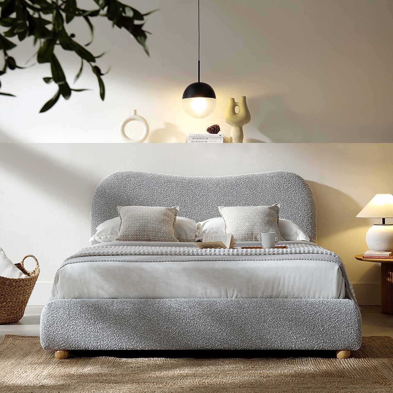 Egerie Curved Headboard Mist Grey Boucle Ottoman Bed with Storage