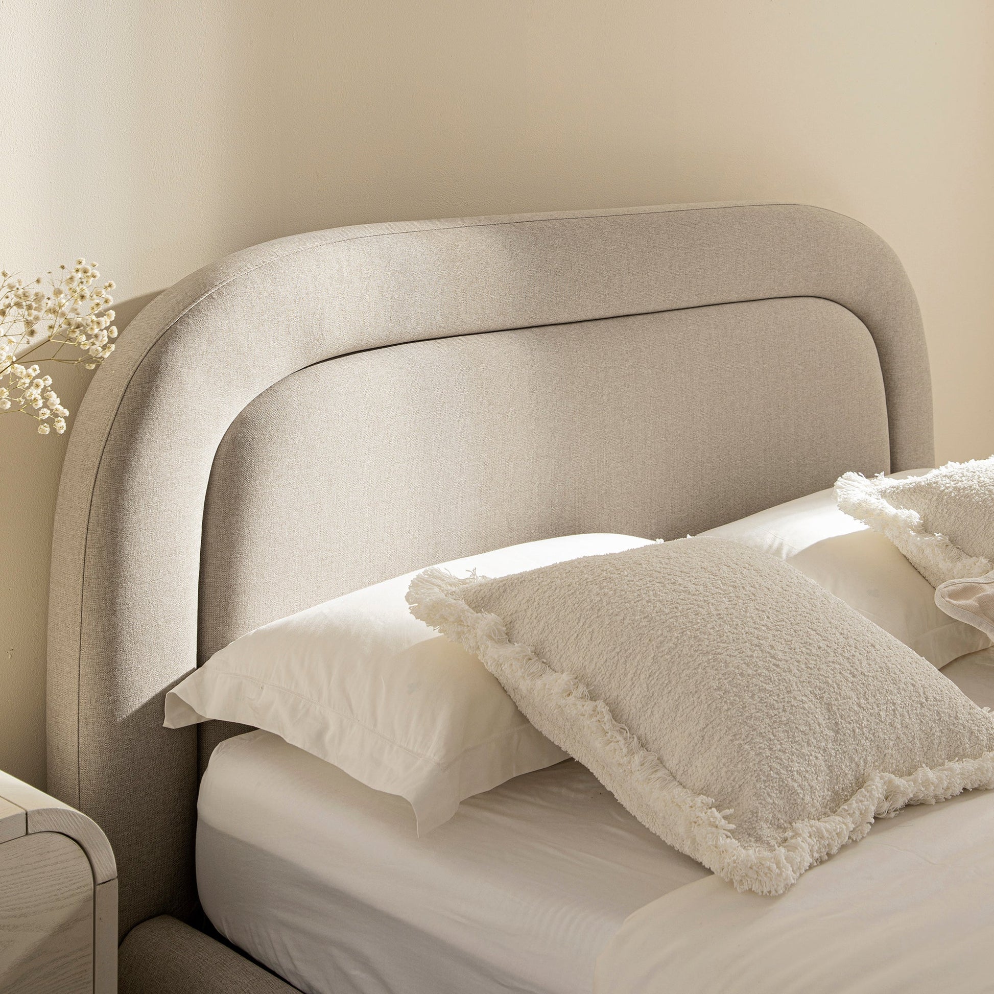 Luella Upholstered Wooden Plinth Base Bed with Storage, Sand Fabric