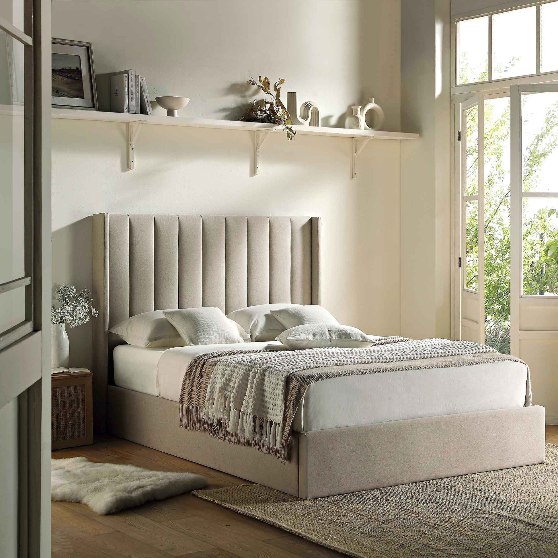 Wilton Warm Stone Fabric Ottoman Bed with Storage