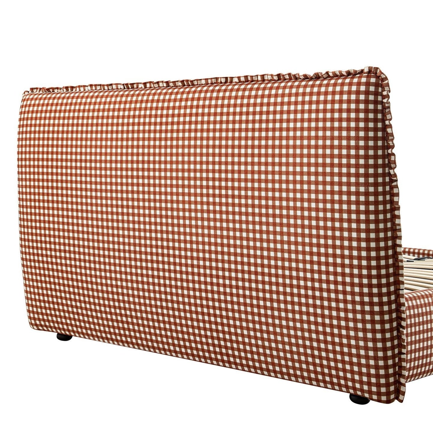 Celeste Upholstered Bed with Storage with Ruffled Headboard, Brick Gingham