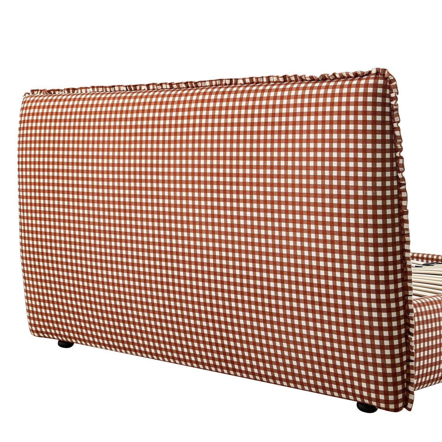 Celeste Upholstered Bed with Storage with Ruffled Headboard, Brick Gingham
