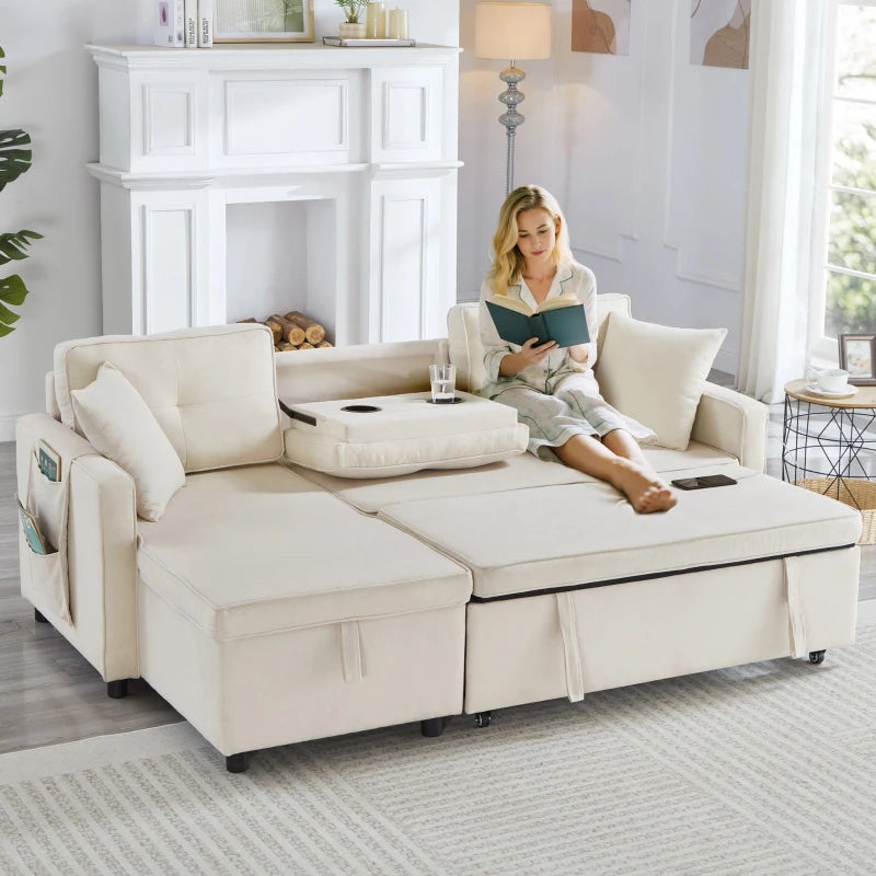 Beige L-Shaped Convertible Sofa Bed with Reversible Chaise, Storage & Sleeper – Space-Saving Sofa (196L x 126W x 79H cm)